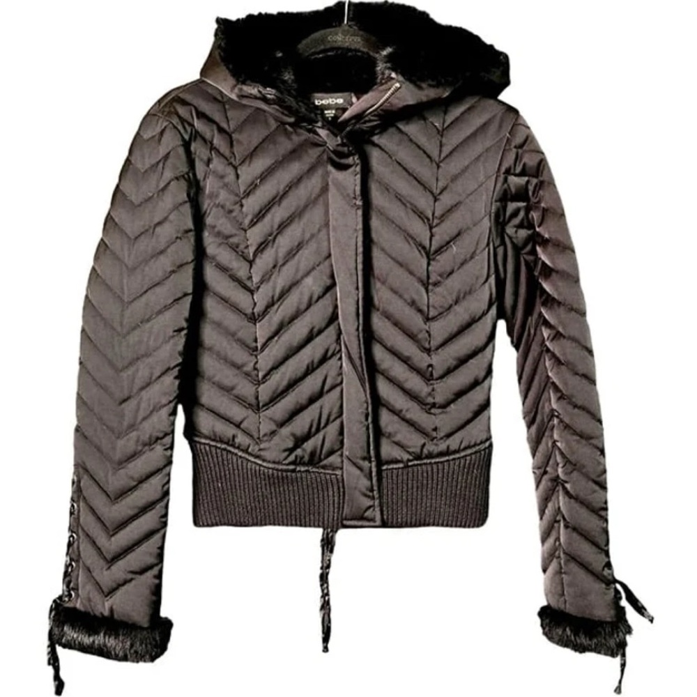 Bebe Black Puffer Jacket with Faux Fur Trim